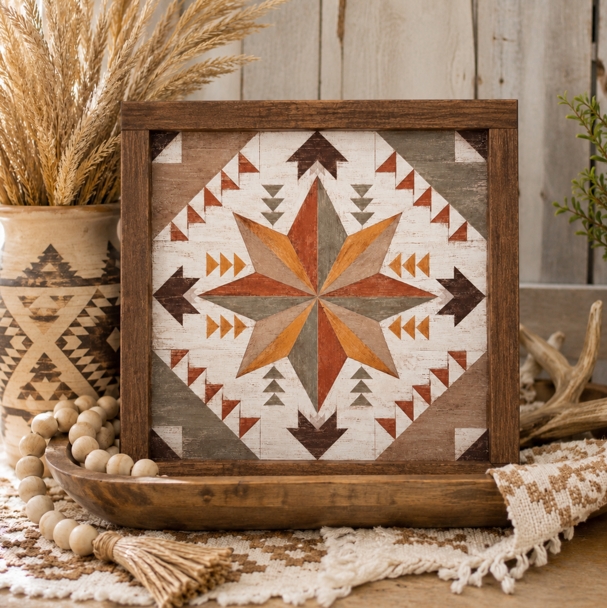 Southwestern Barn Quilt Framed Wood Sign – Rustic Farmhouse