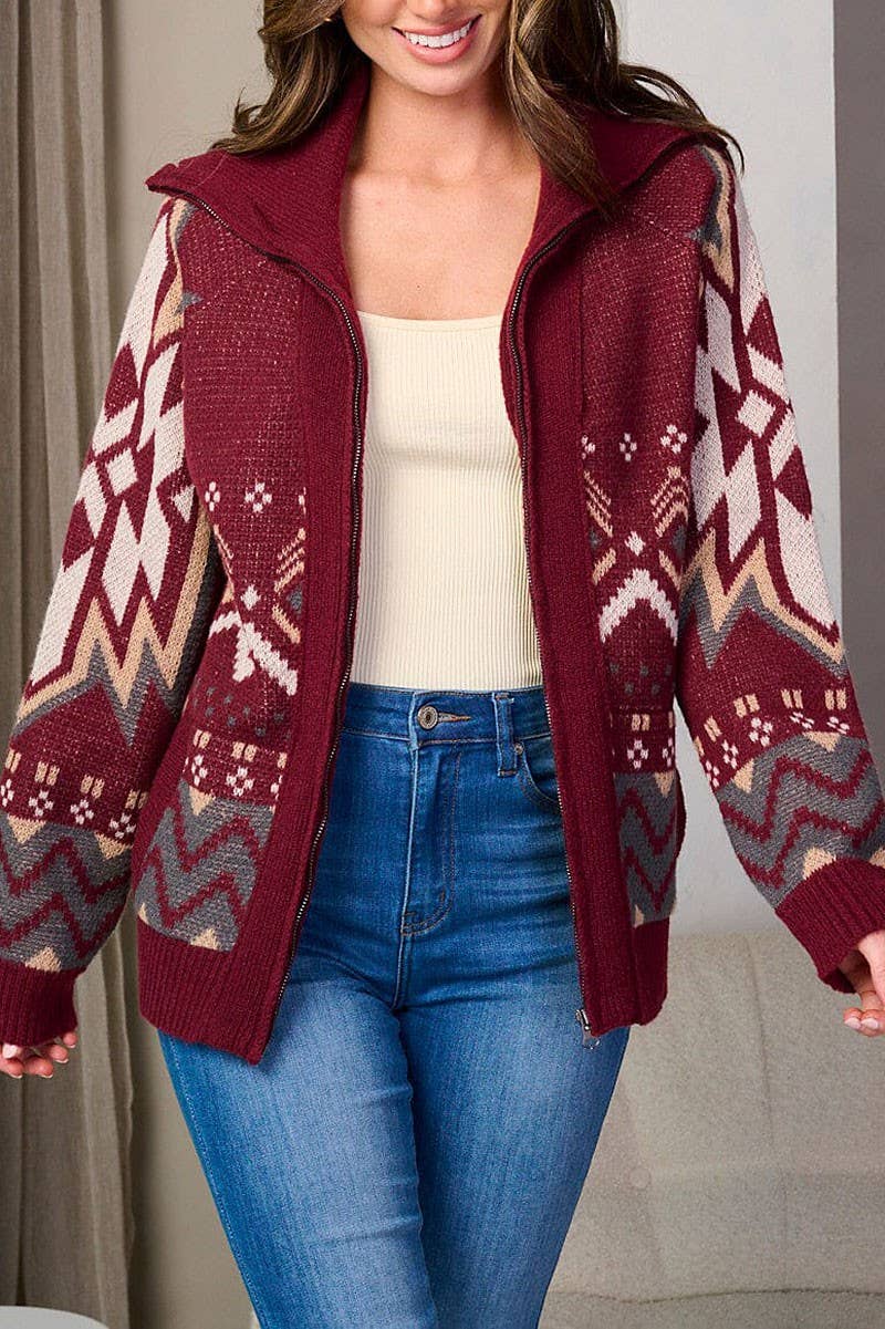 ZIP UP FRONT POCKETS MULTI PRINT SWEATER Burgandy