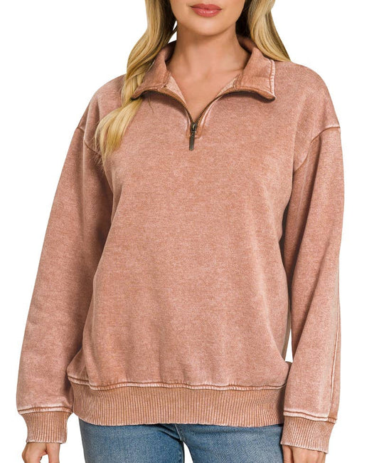 Acid Wash Fleece Half Zip Pullover Zenana Rust and Ash Jade