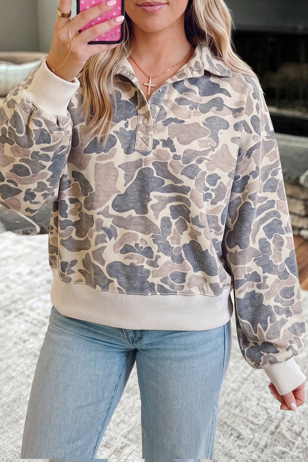 Casual Camouflage Collar Pullover Sweatshirt