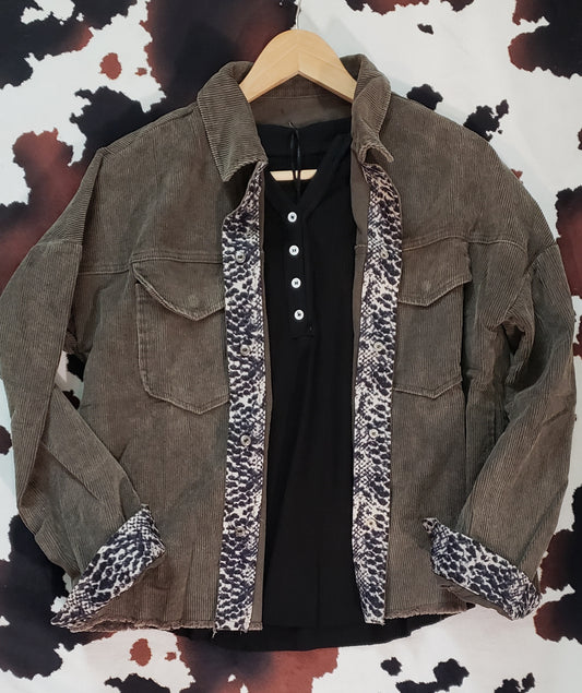 Grey Corduroy Jacket with Faux Snake Skin Trim