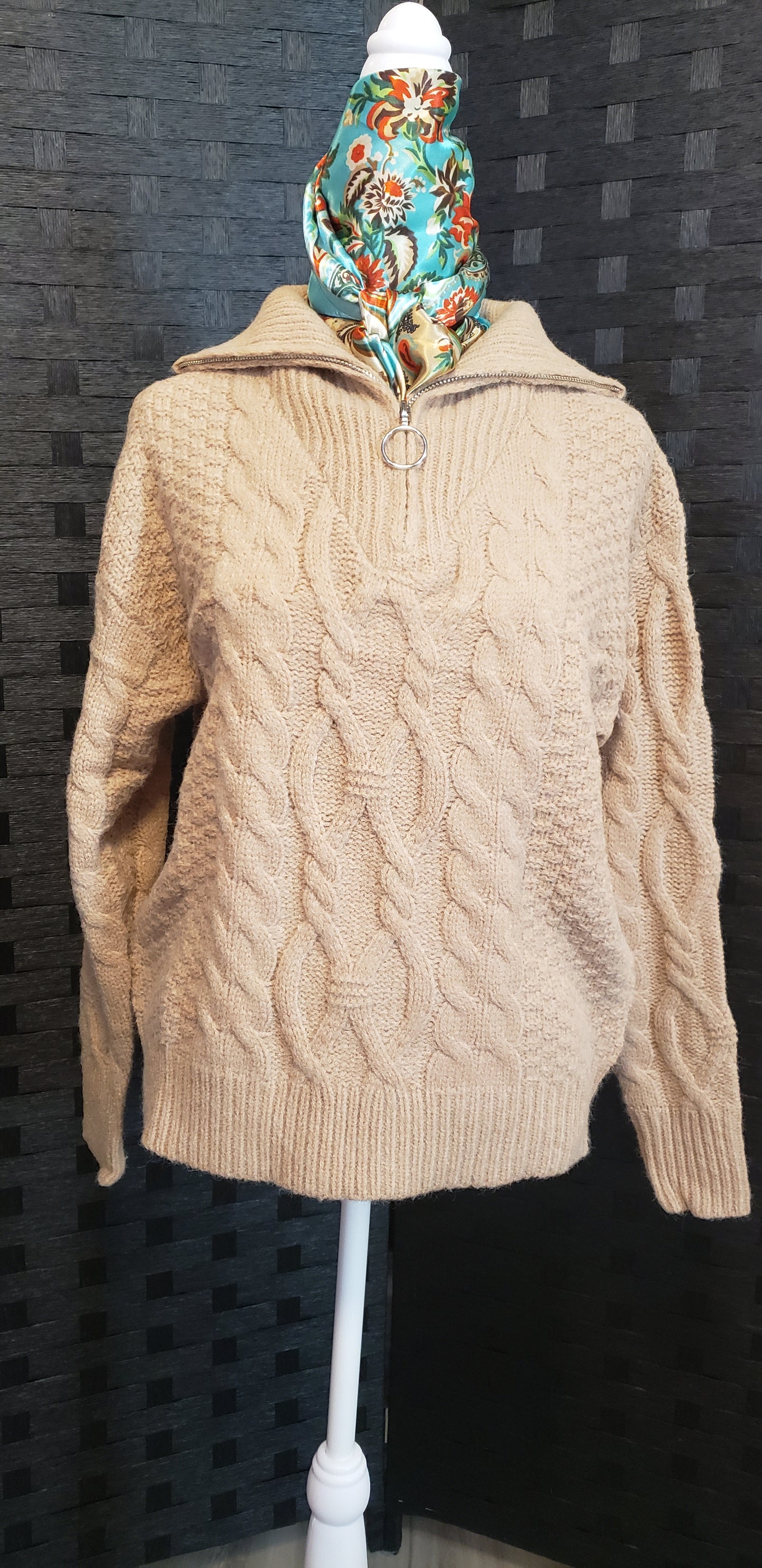 Half Zip Camel Colored Cable Knit Sweater