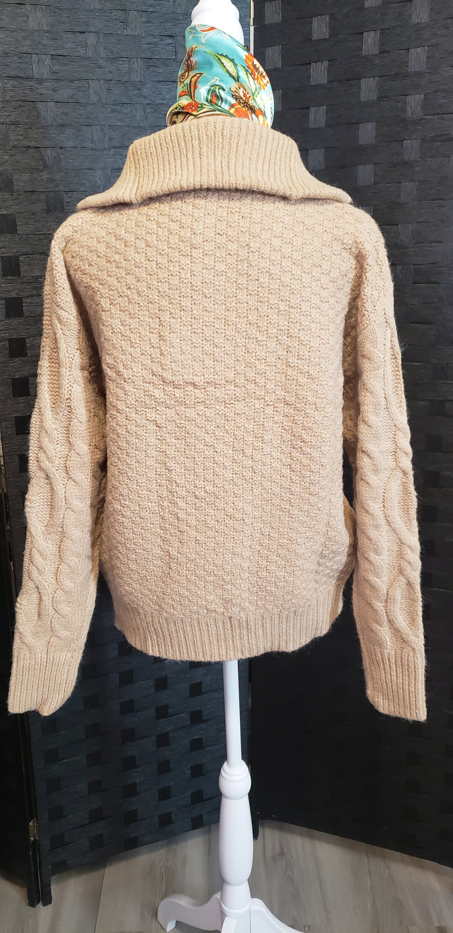 Half Zip Camel Colored Cable Knit Sweater