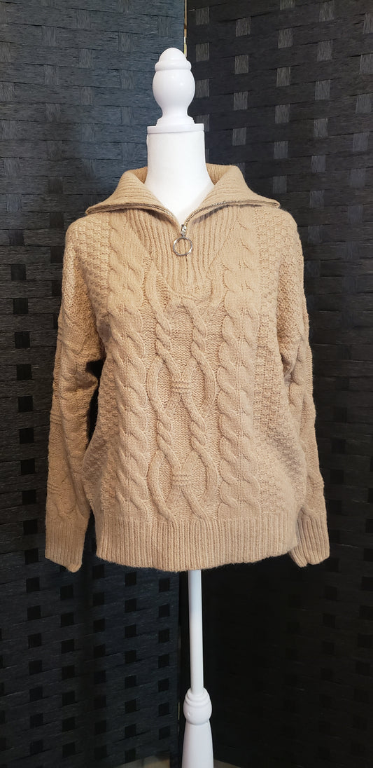 Half Zip Camel Colored Cable Knit Sweater