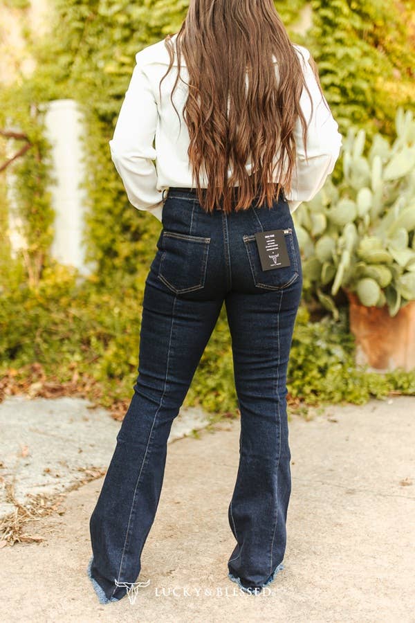 Dark Wash High Rise Front & Back Crease Detail Flare Jeans 33.5 inseam Lucky and Blessed