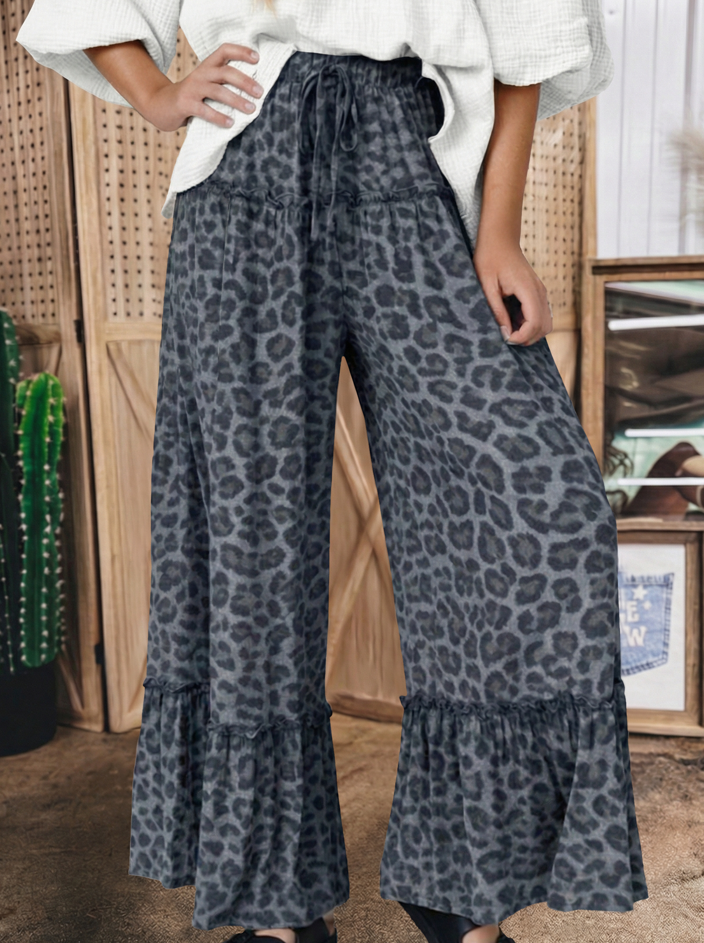 Western Leopard/camo Print Frilled Detail Drawstring Pants