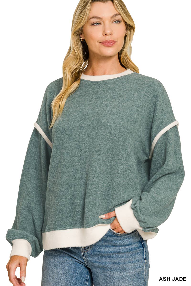 Brushed Melange Hacci Contrast Trim Sweater Zenana