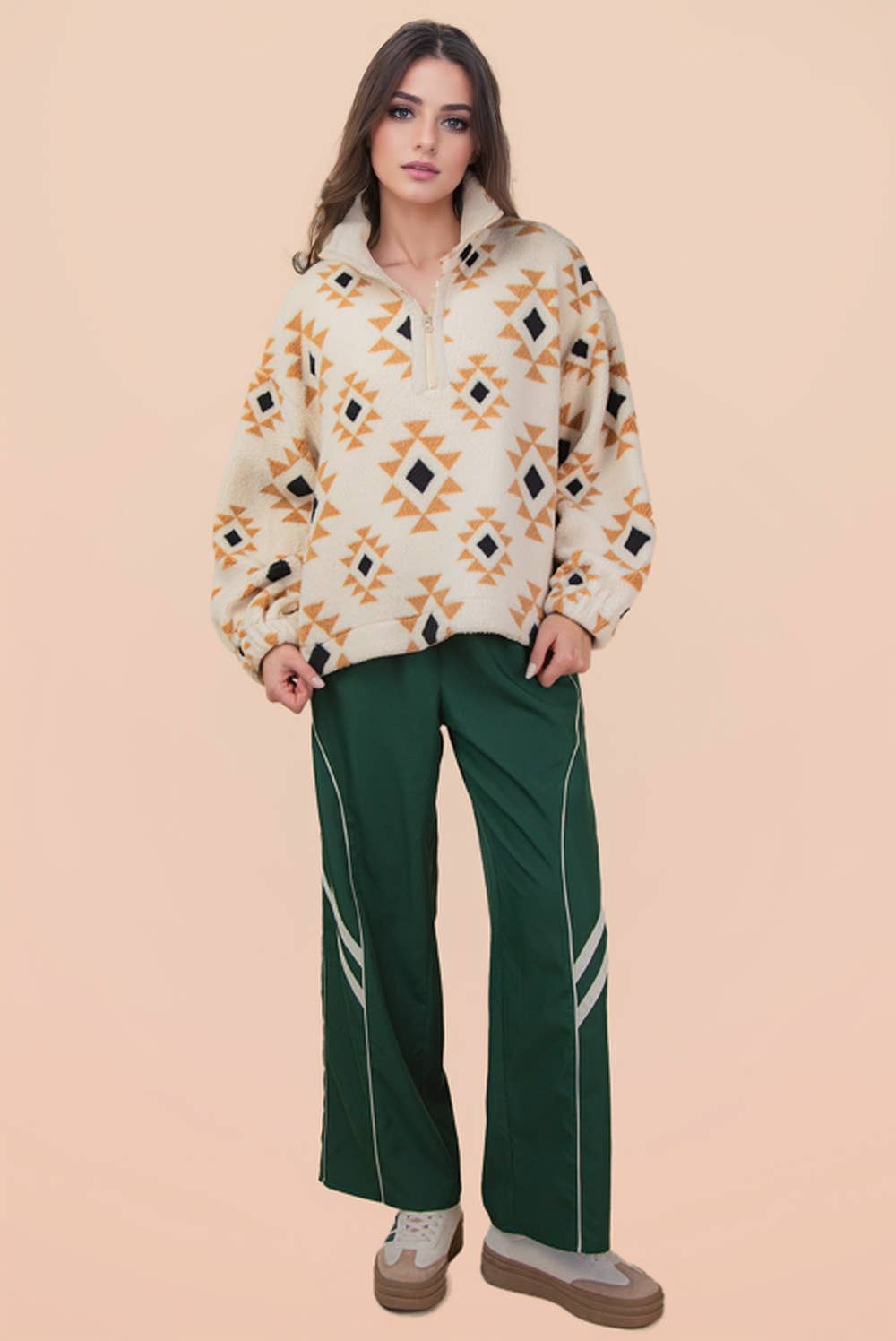 Half Zip Up Aztec Graphic Fleece Top