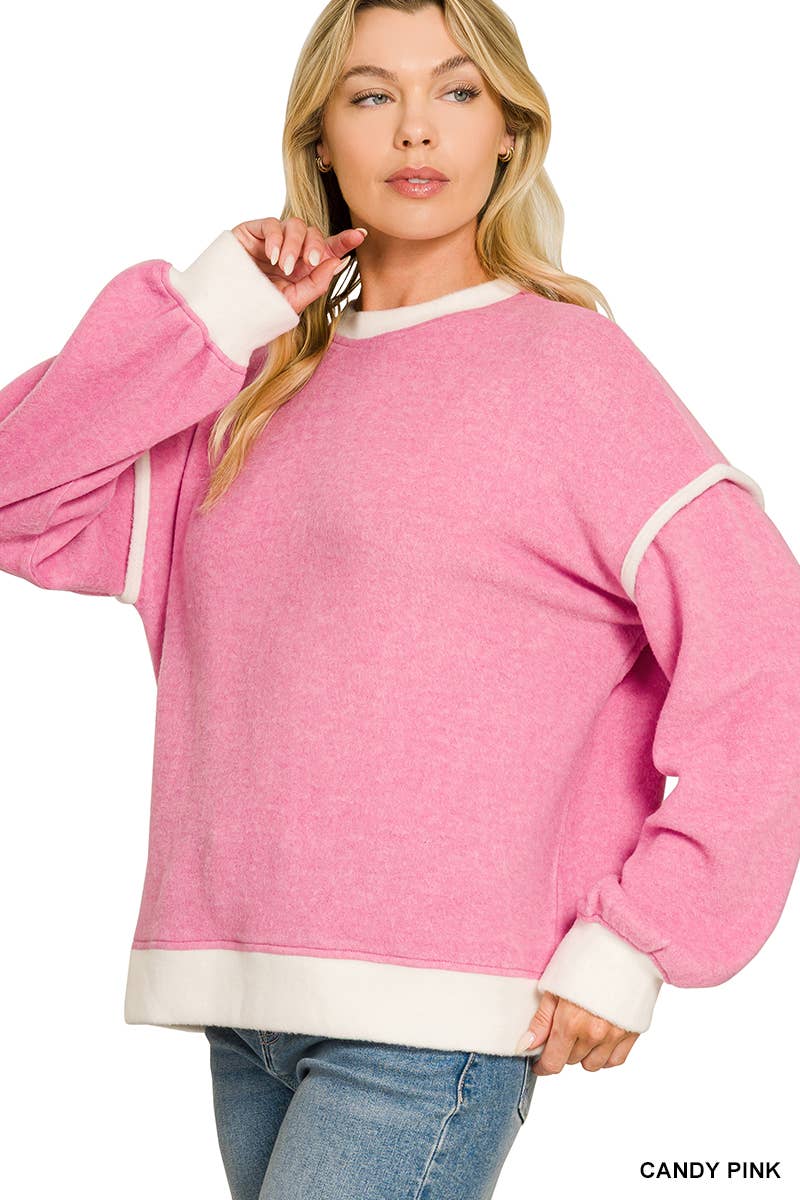 Brushed Melange Hacci Contrast Trim Sweater Zenana