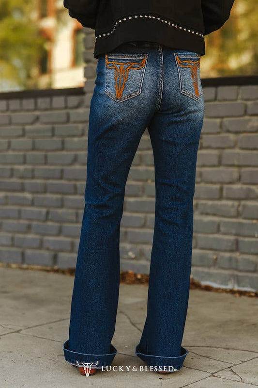 Lucky and Blessed Mid Wash High Rise Camel Embroidered Bootcut Jeans