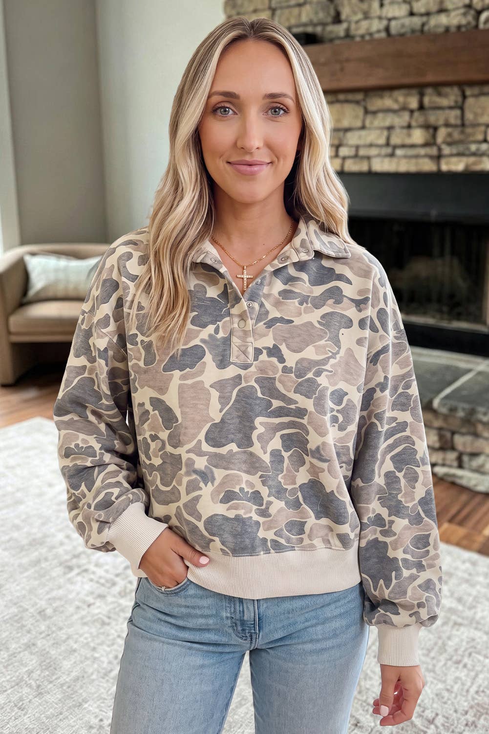 Casual Camouflage Collar Pullover Sweatshirt