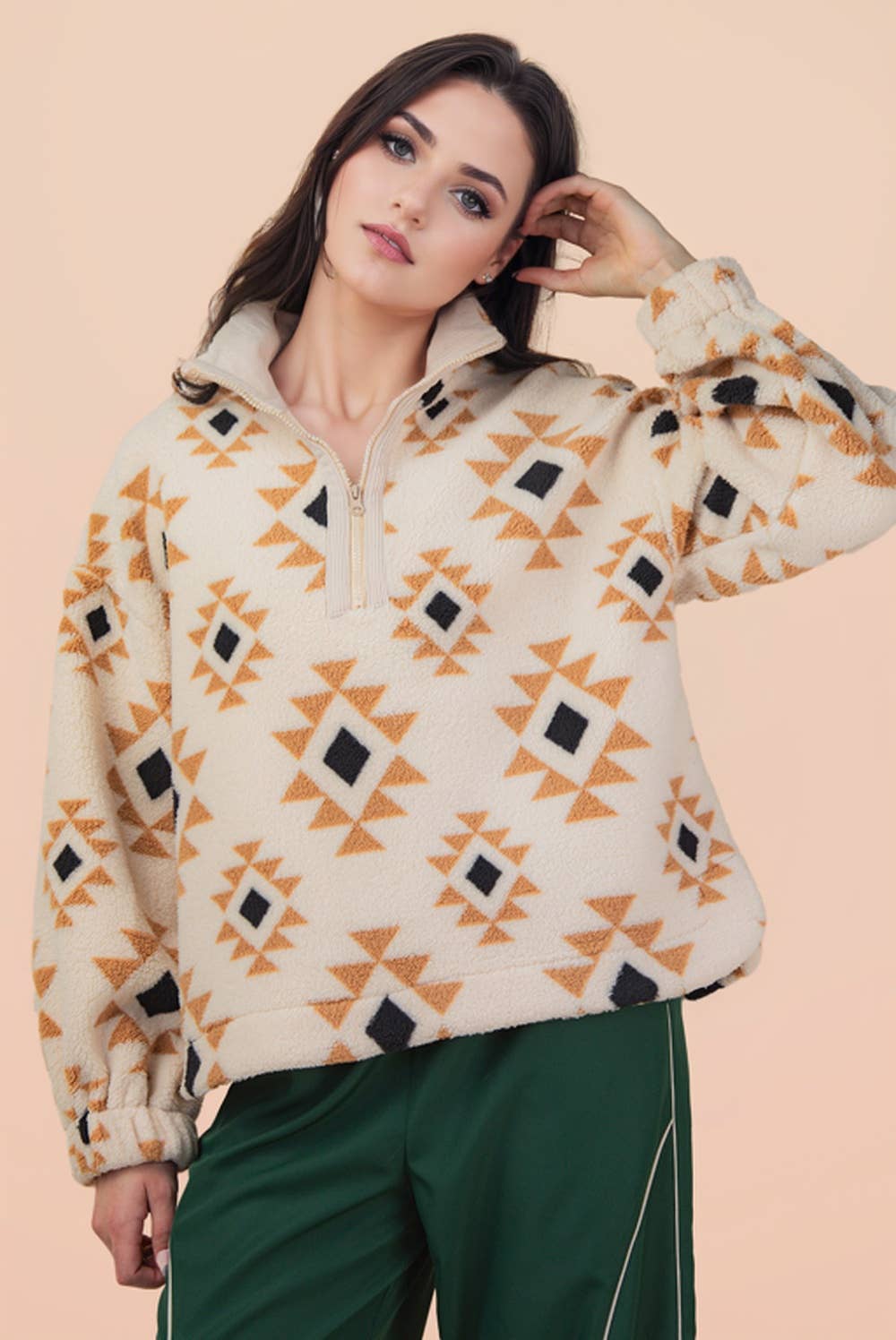 Half Zip Up Aztec Graphic Fleece Top