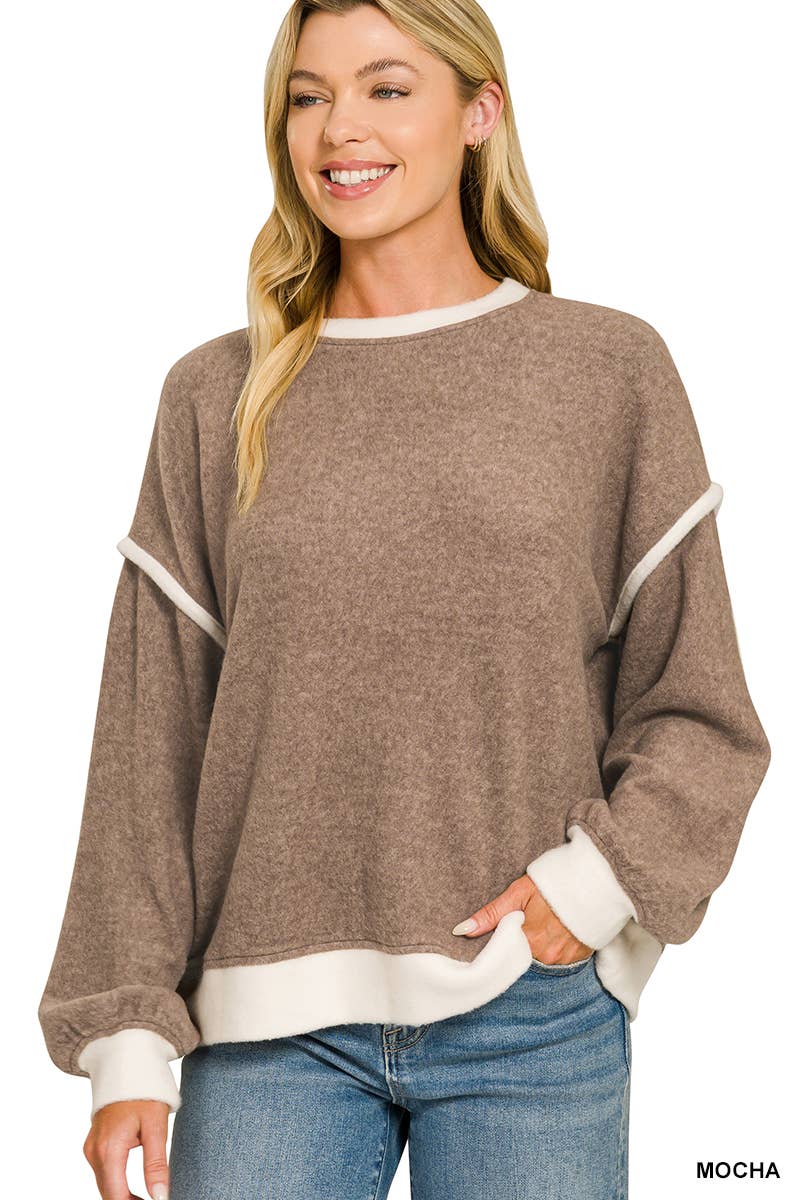 Brushed Melange Hacci Contrast Trim Sweater Zenana