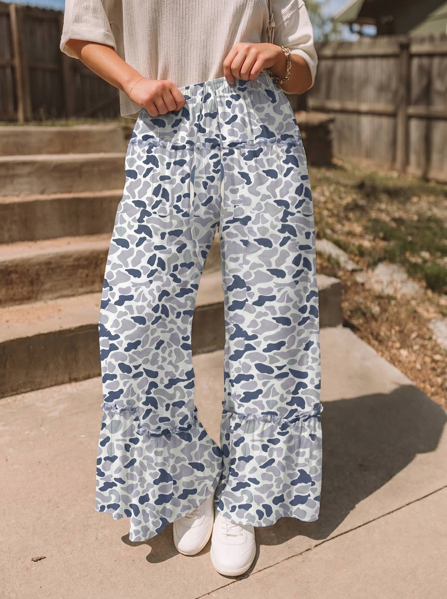 Western Leopard/camo Print Frilled Detail Drawstring Pants