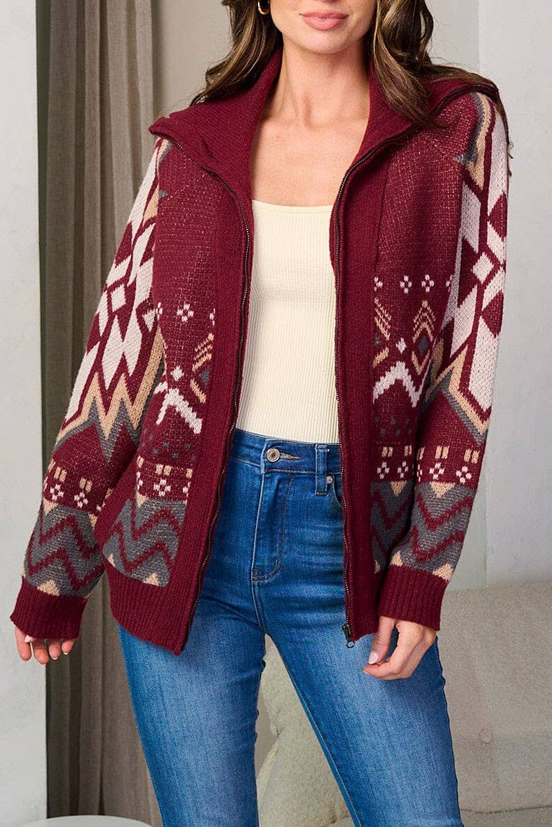 ZIP UP FRONT POCKETS MULTI PRINT SWEATER Burgandy