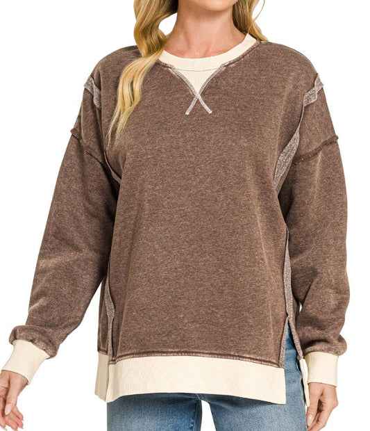 Fleece Acid Washed Contrast Trim Oversized Pullover