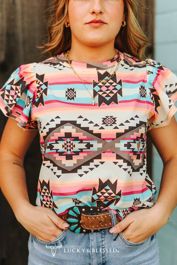 Multi Aztec Printed Double Ruffle Short Sleeve Shirt