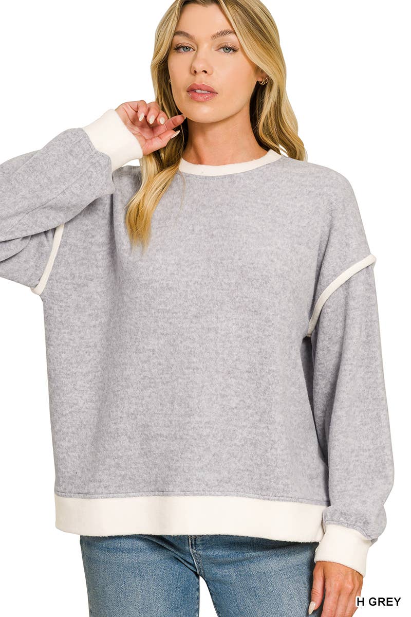 Brushed Melange Hacci Contrast Trim Sweater Zenana
