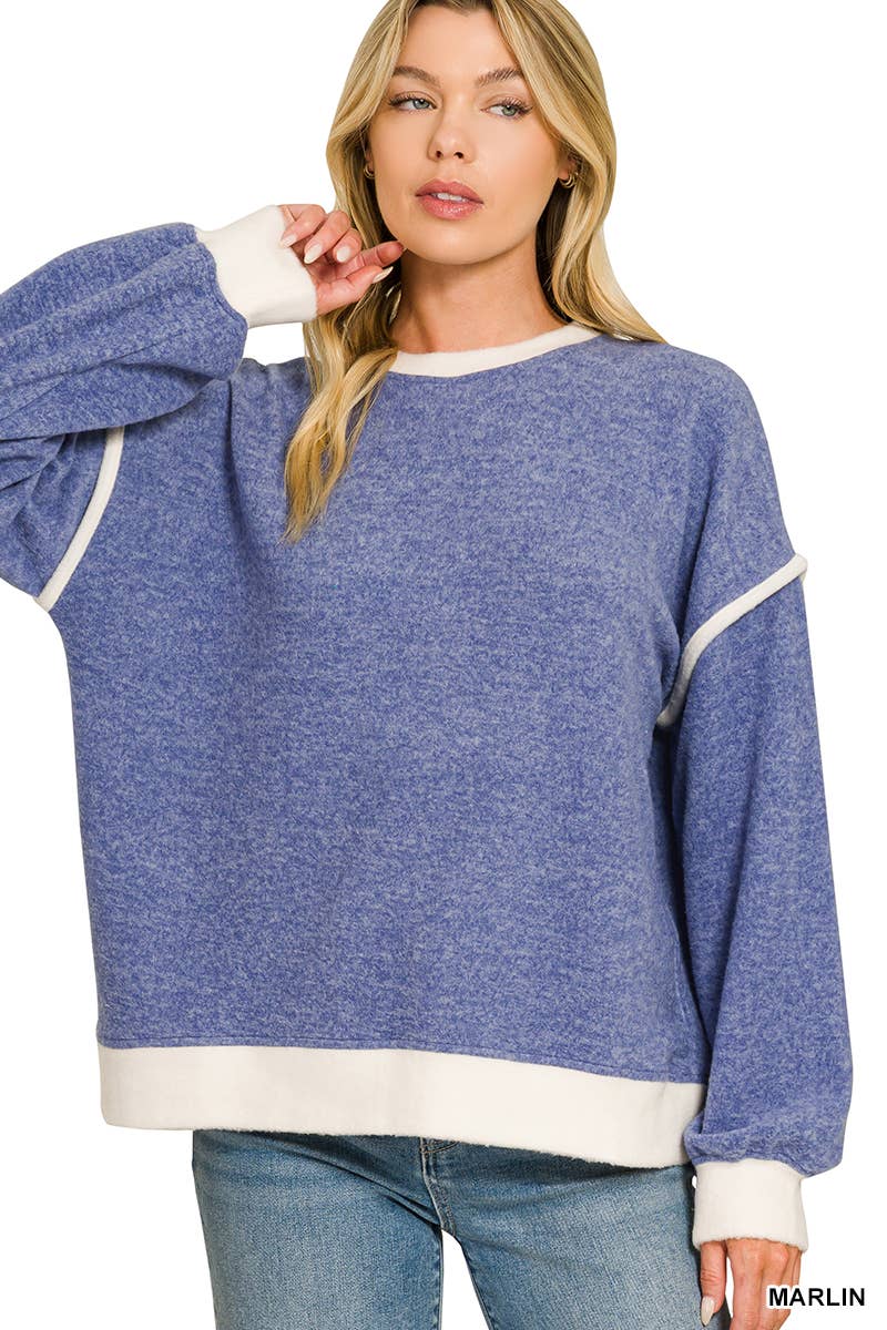 Brushed Melange Hacci Contrast Trim Sweater Zenana