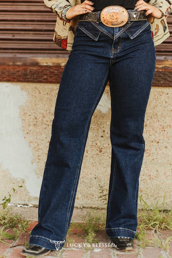 Lucky and Blessed Dark Wash High Rise V-Yoke Trouser Denim Jeans 31 inch inseam