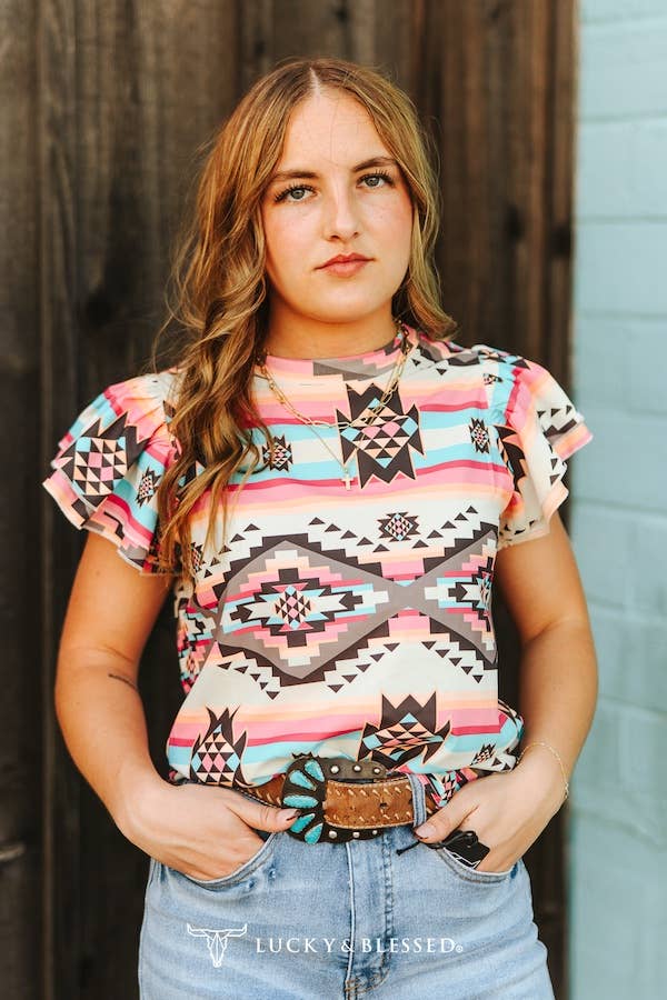 Multi Aztec Printed Double Ruffle Short Sleeve Shirt