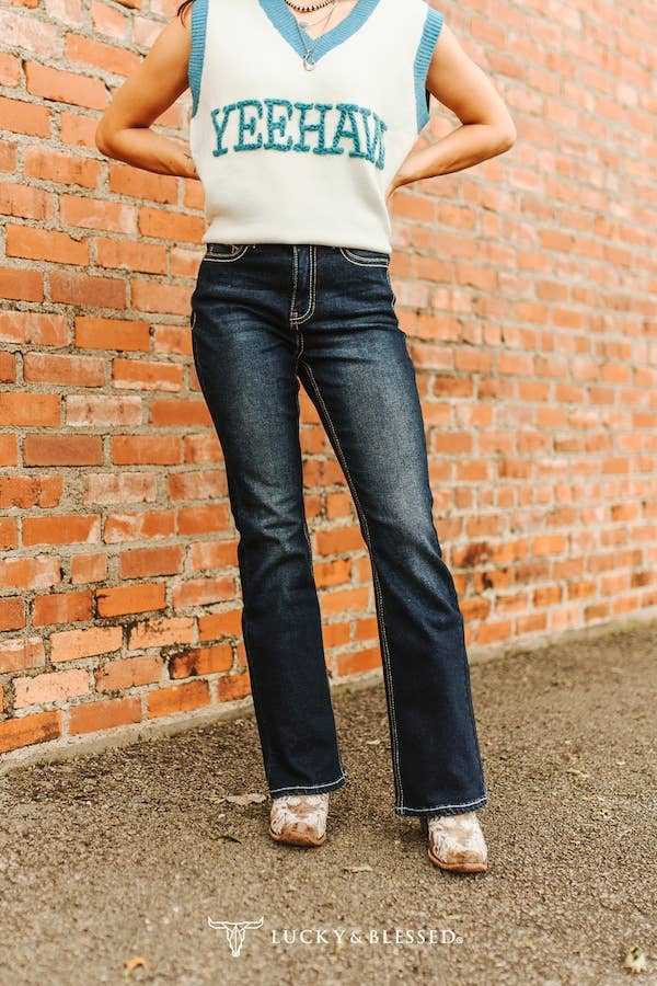 Dark Wash Thick Stitching Mid Rise Trouser Fit Jeans (32in)