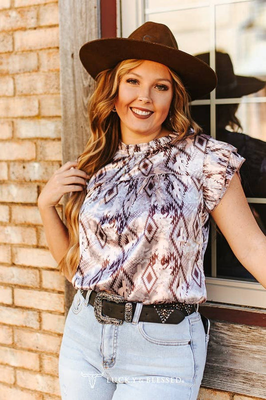 Brown Aztec Satin Pleated Ruffle Sleeveless Top