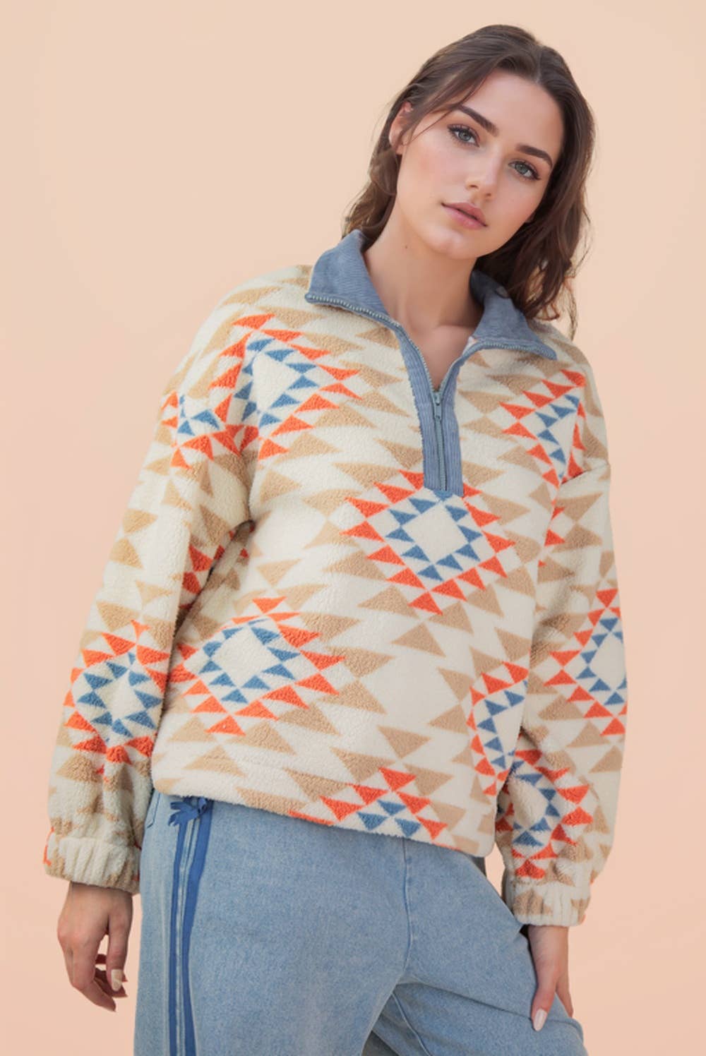 Half Zip Up Aztec Graphic Fleece Top