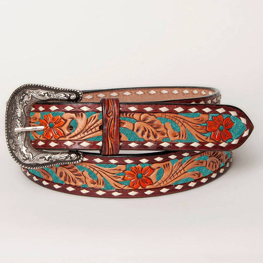 American Darling Genuine Leather Turquoise, flower and Buckstitch Belt