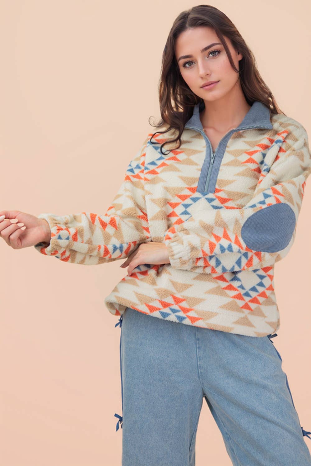 Half Zip Up Aztec Graphic Fleece Top