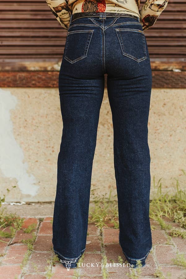 Lucky and Blessed Dark Wash High Rise V-Yoke Trouser Denim Jeans 31 inch inseam