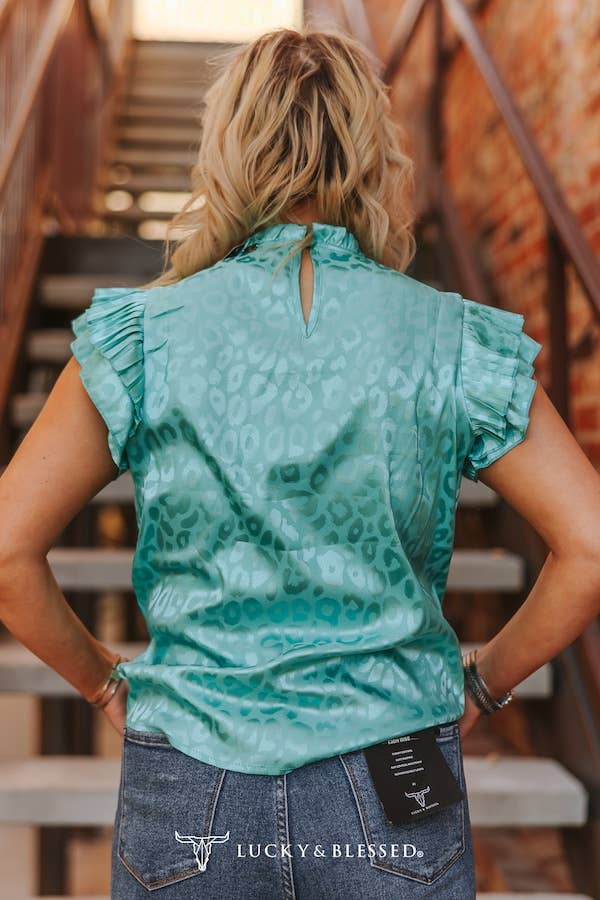Turquoise Leopard Satin Pleated Ruffle Top