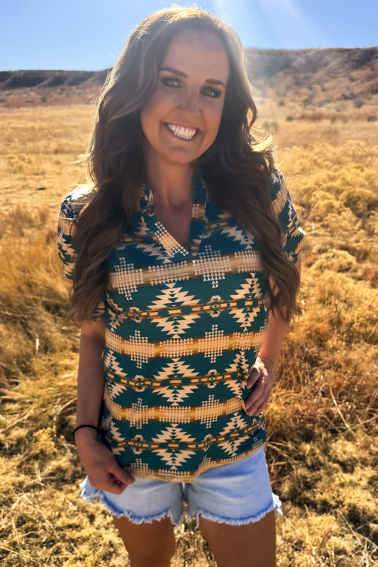 Turquoise Twist Aztec Top
