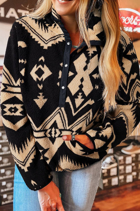 Black or Khaki Western Aztec Half Zip Plush Sweatshirt
