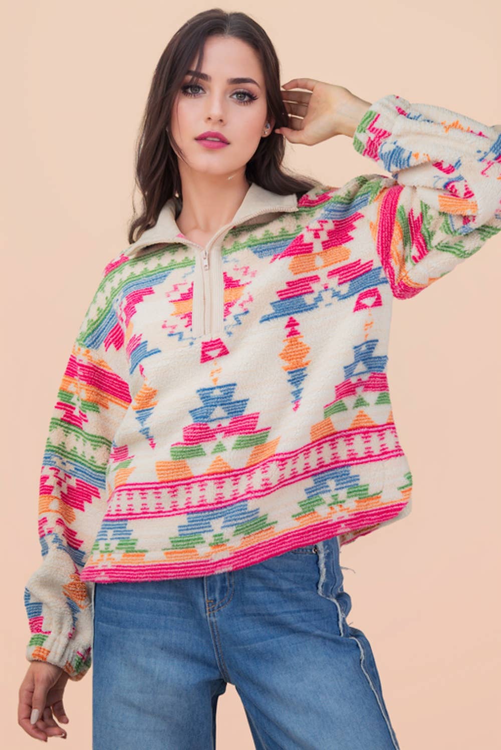 Half Zip Up Aztec Graphic Fleece Top