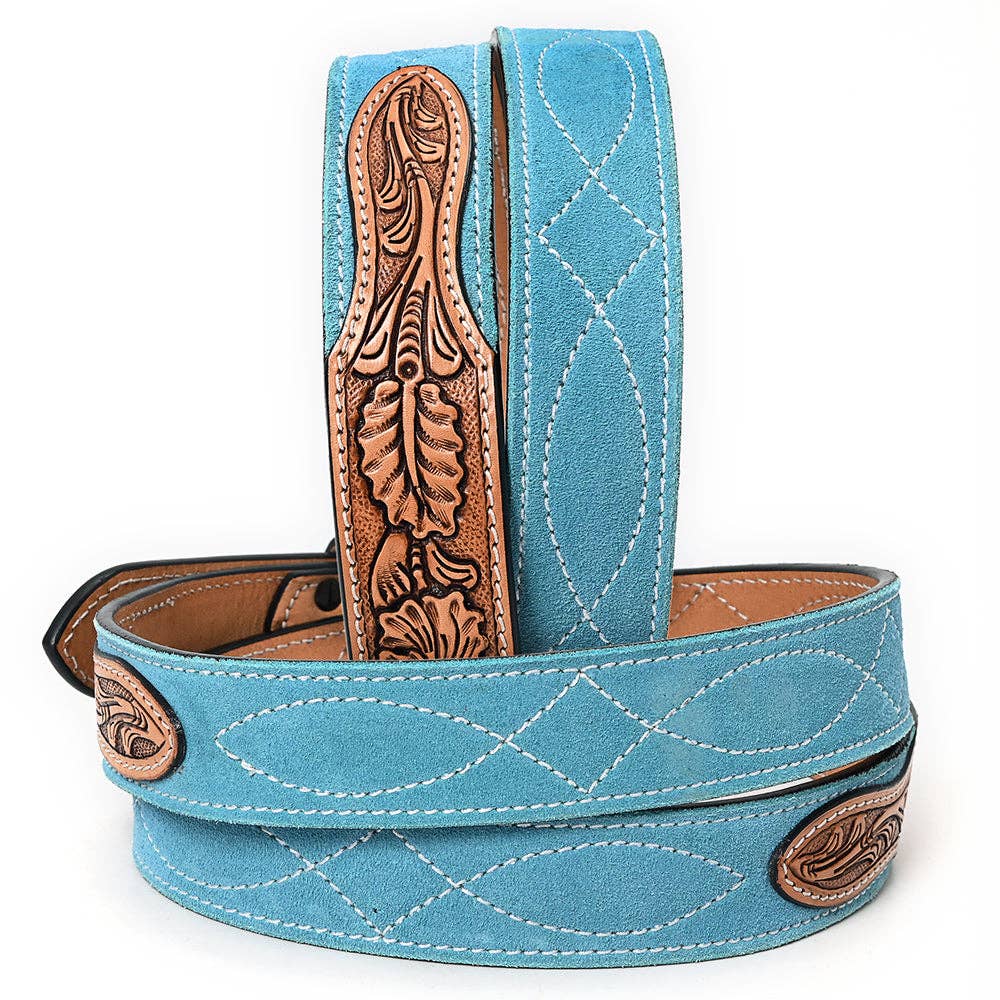 American Darling Turquoise Genuine suede Western Belt - Hand-Tooled Leather Inlay with Engraved Buckle