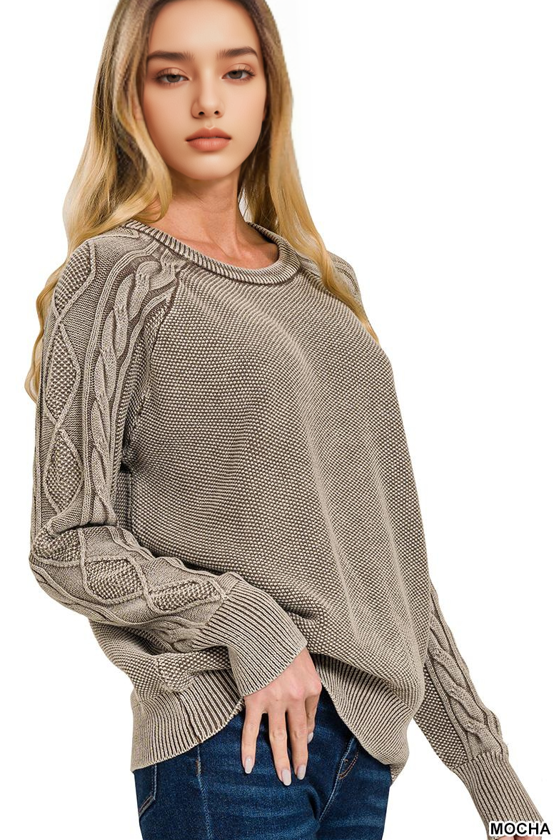 Washed Cable Sleeve Crewneck Sweater Zenana