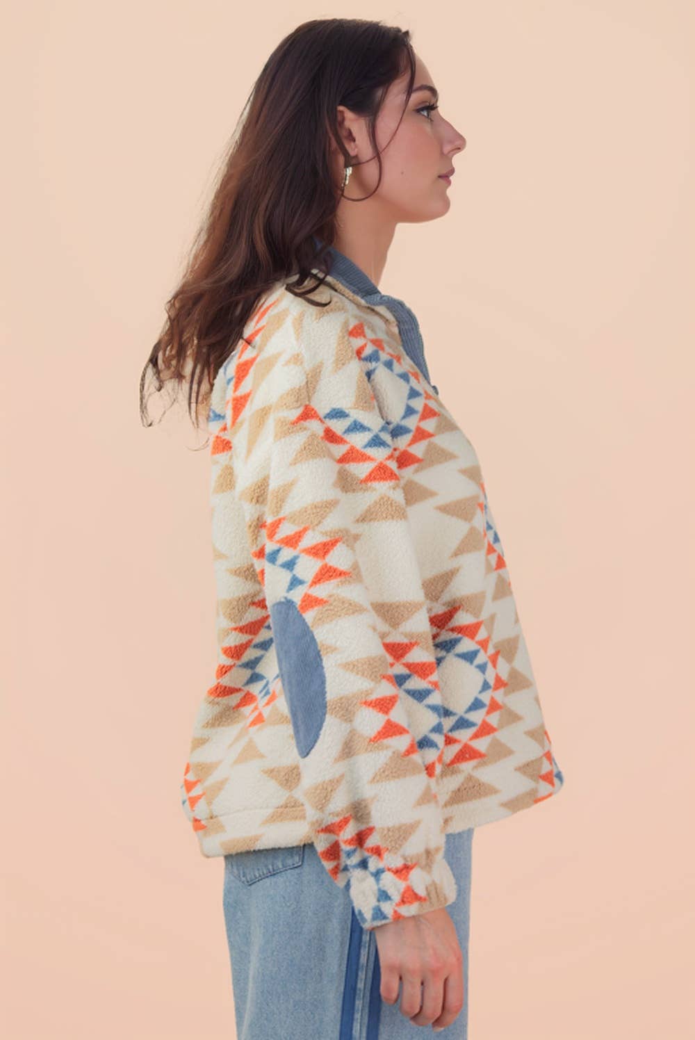 Half Zip Up Aztec Graphic Fleece Top