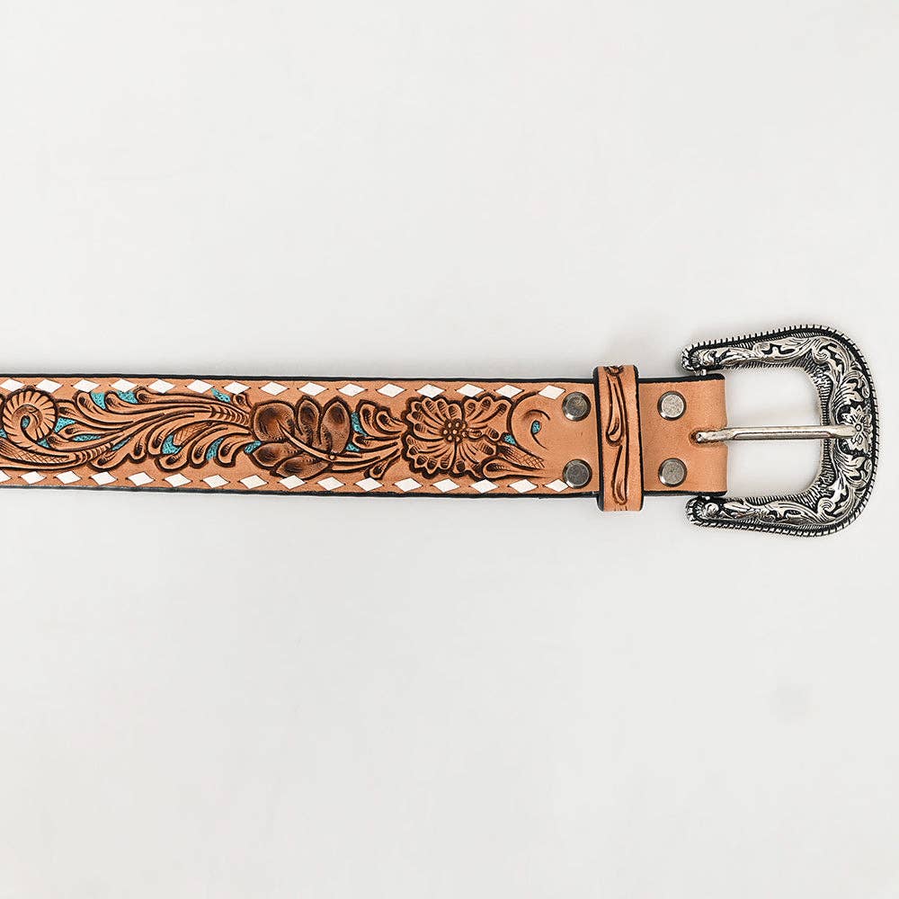 Tan Floral Tooled Leather Belt with Turquoise Accents and Whipstitch Edge