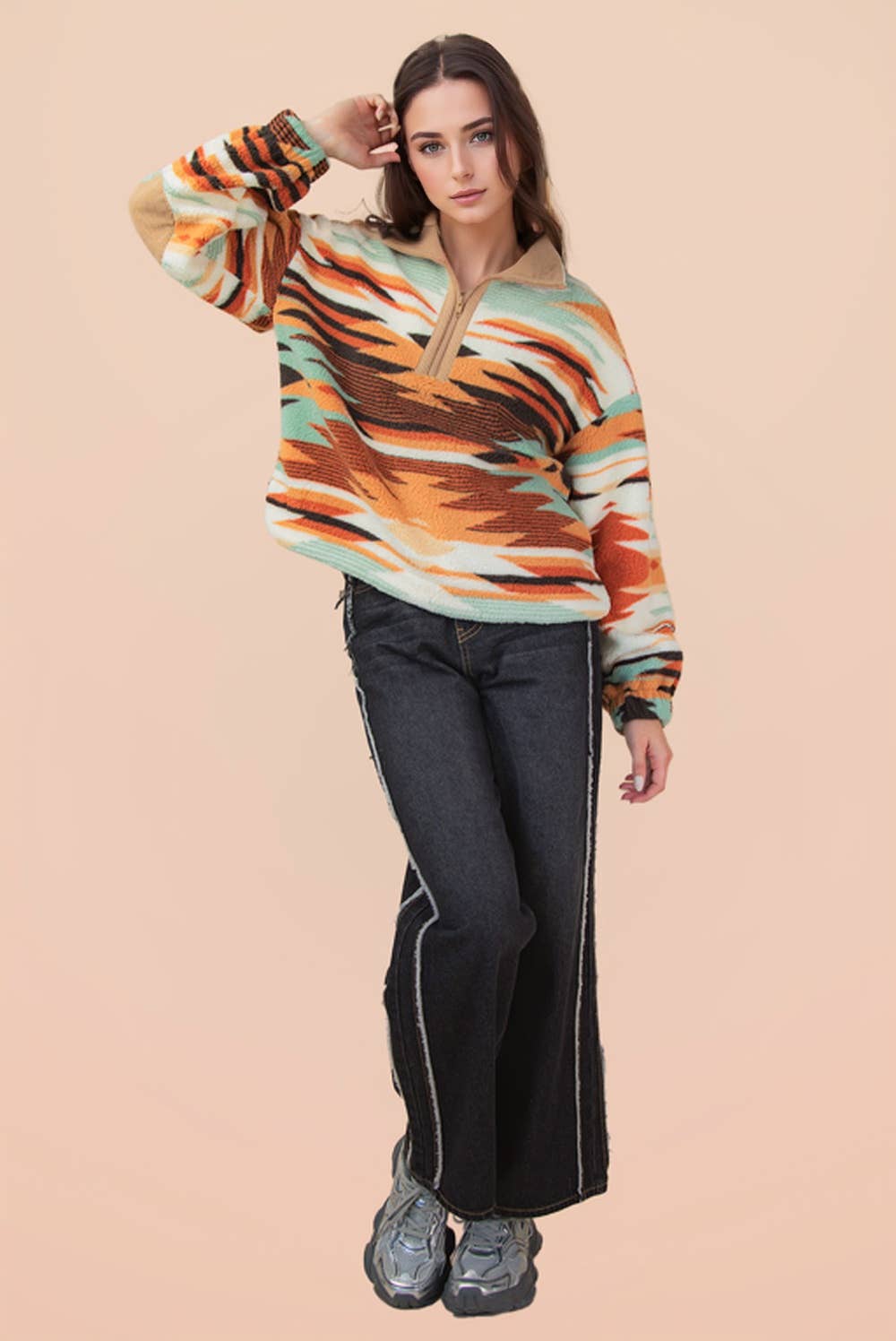 Half Zip Up Aztec Graphic Fleece Top