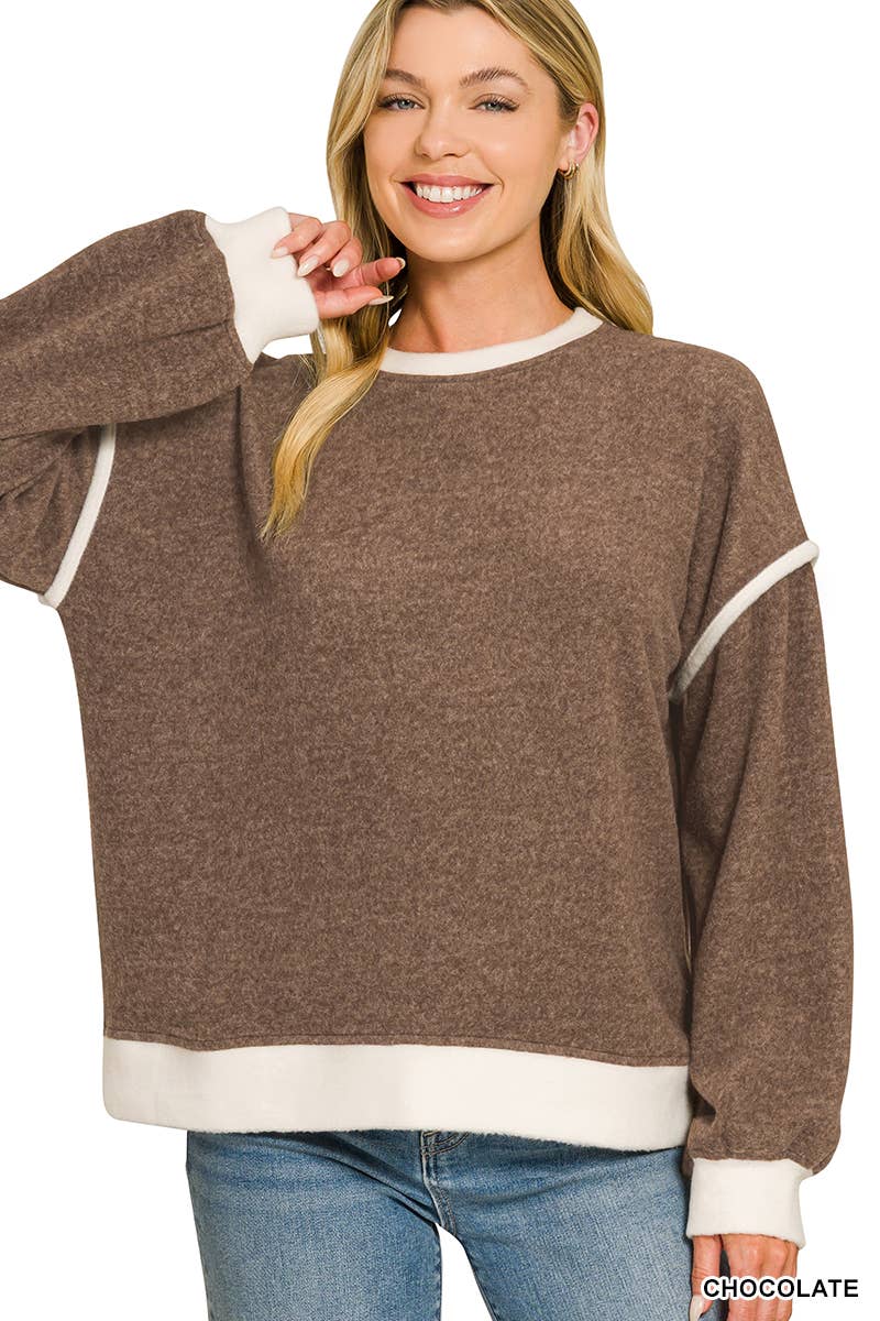 Brushed Melange Hacci Contrast Trim Sweater Zenana