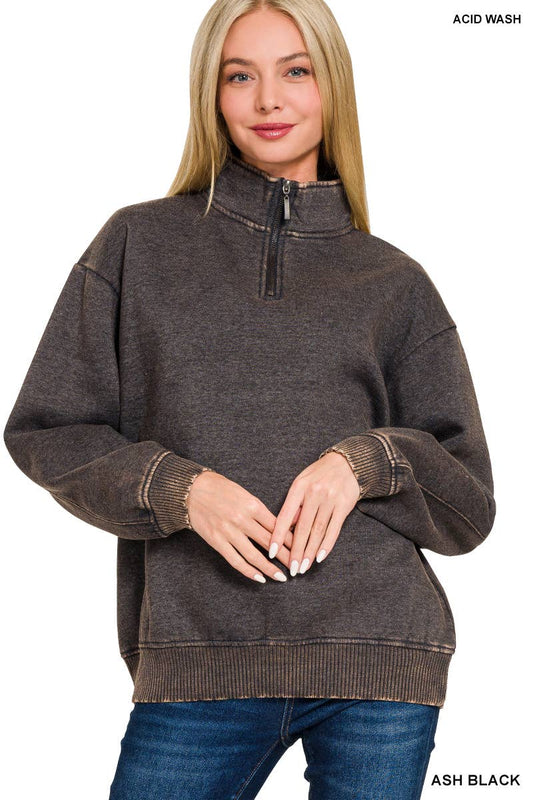 Zenana Mineral Washed Half Zip Pullover Ash Black and Brown