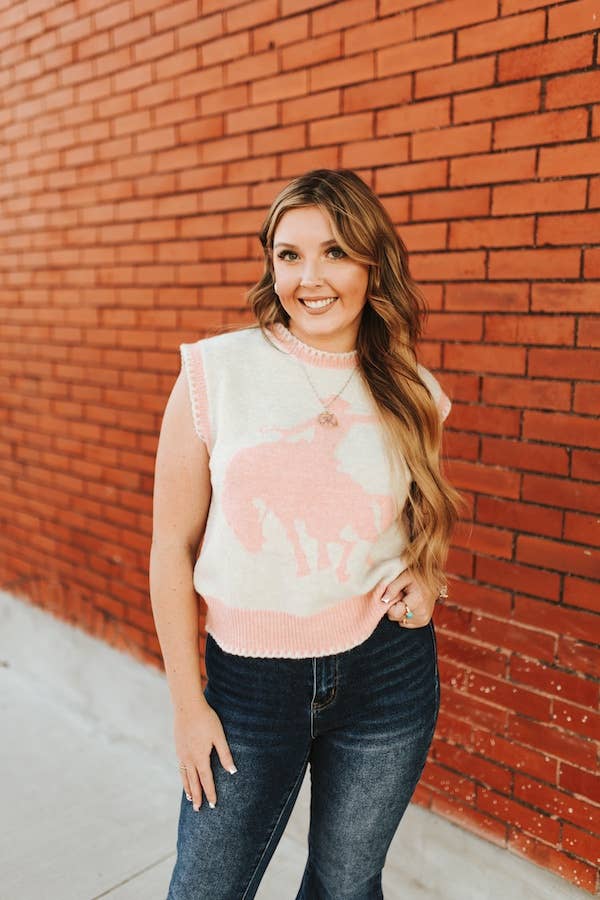 Ivory Soft Pink Buckin Horse Sleeveless Sweater