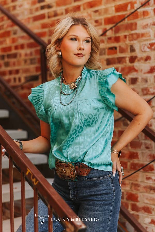 Turquoise Leopard Satin Pleated Ruffle Top
