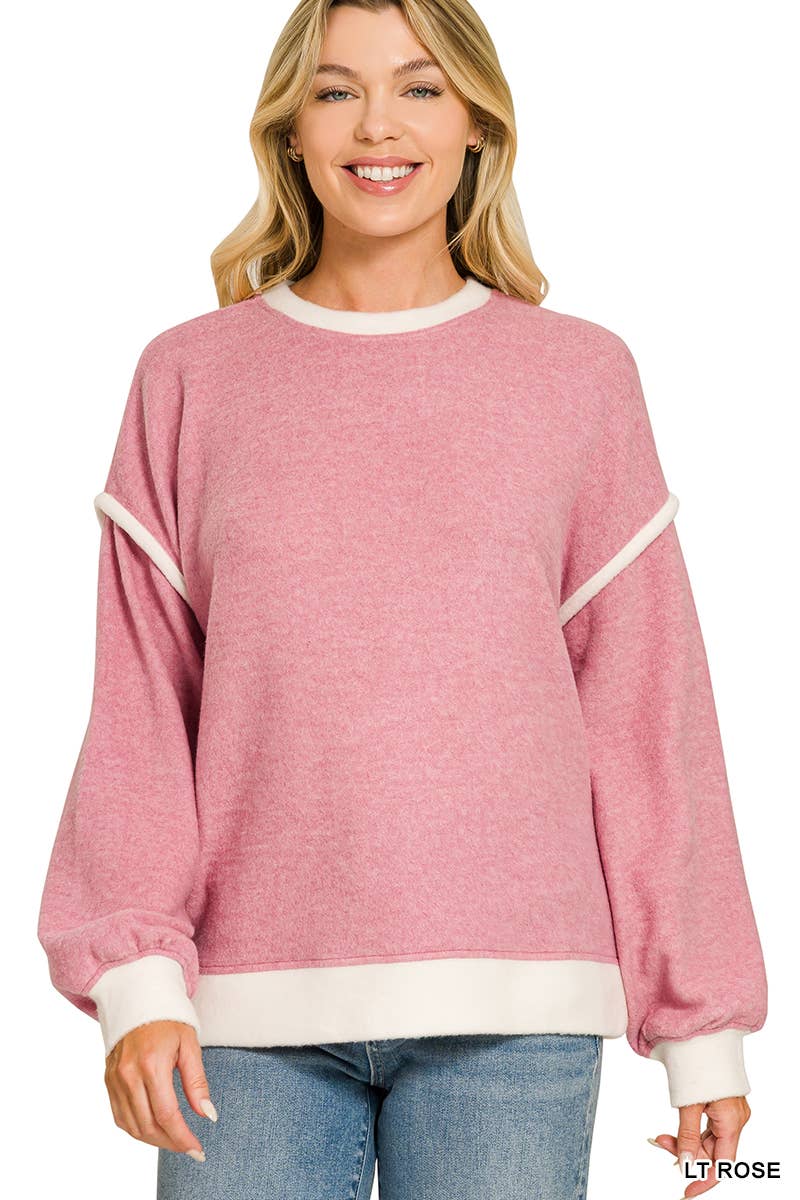 Brushed Melange Hacci Contrast Trim Sweater Zenana