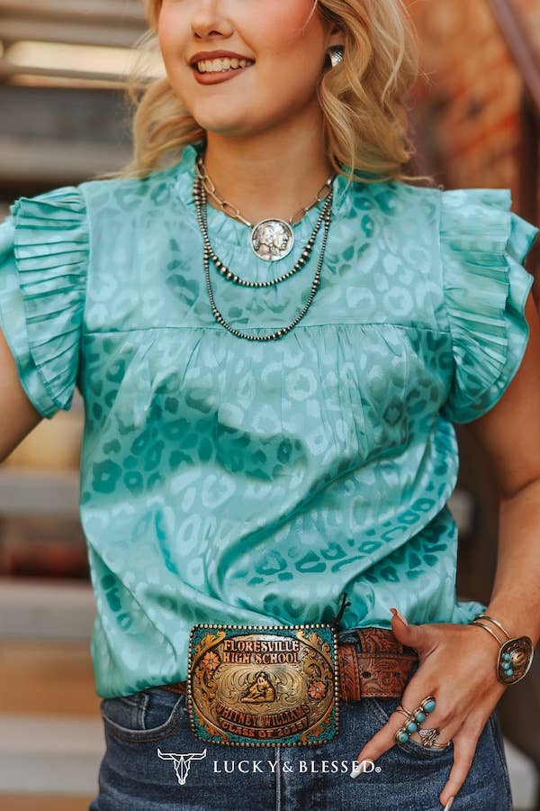 Turquoise Leopard Satin Pleated Ruffle Top