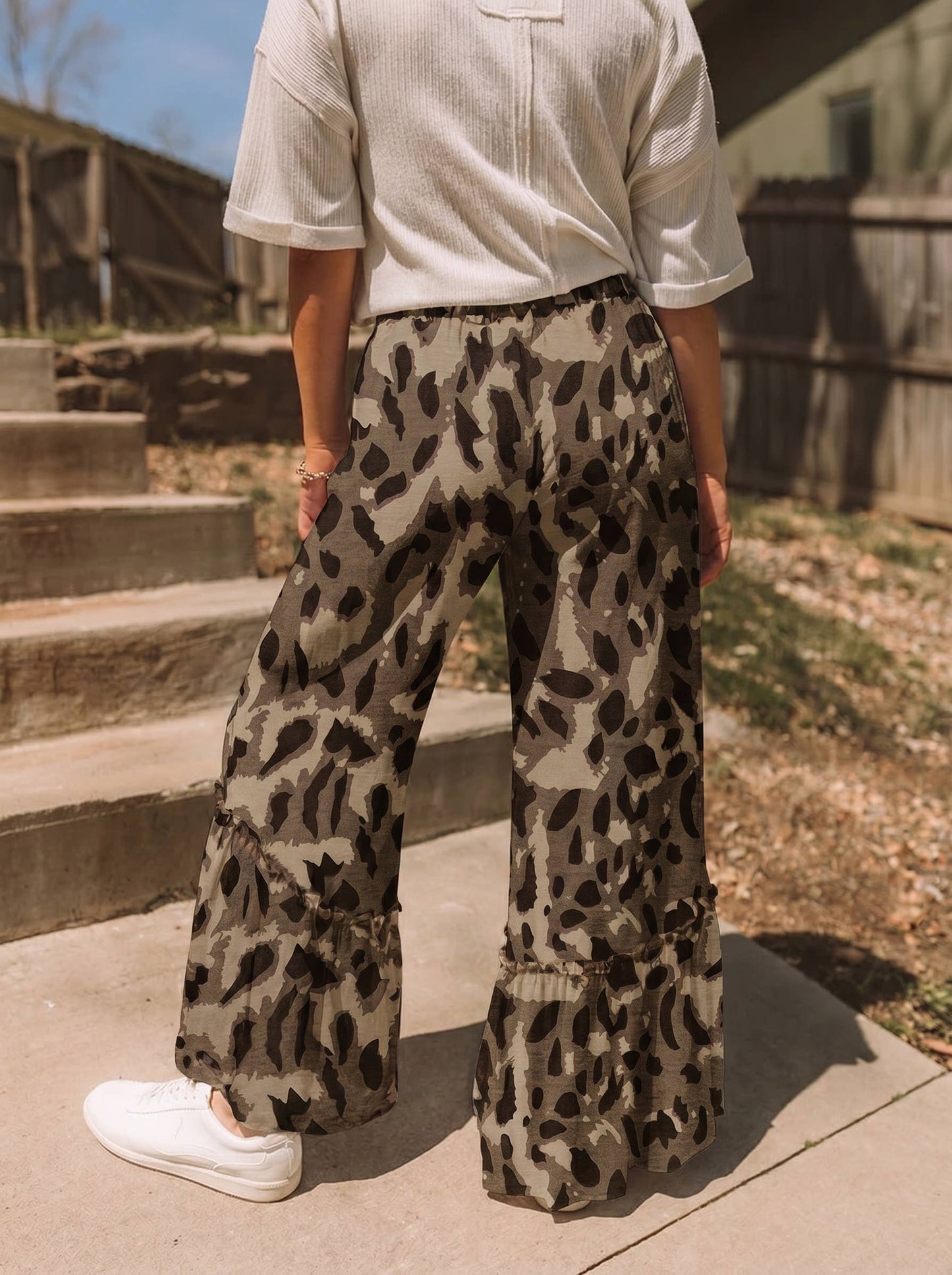 Western Leopard/camo Print Frilled Detail Drawstring Pants