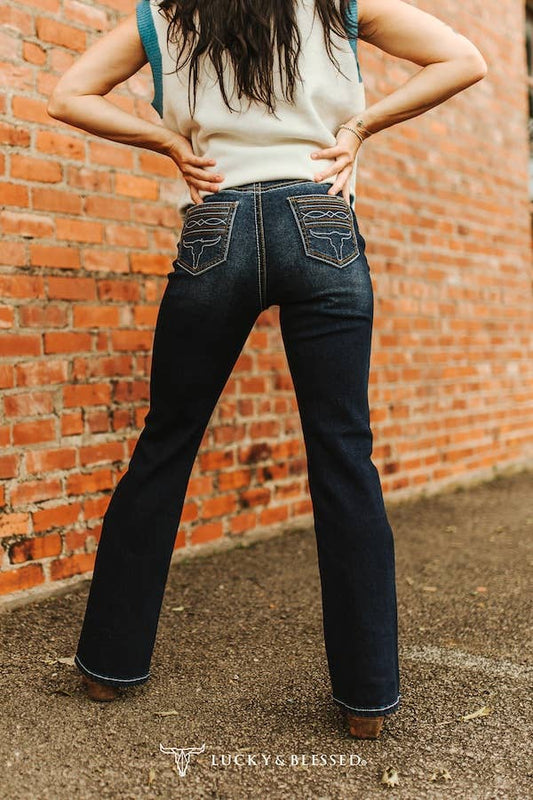 Dark Wash Thick Stitching Mid Rise Trouser Fit Jeans (32in)