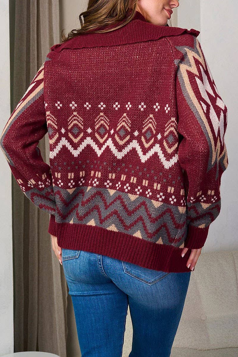 ZIP UP FRONT POCKETS MULTI PRINT SWEATER Burgandy