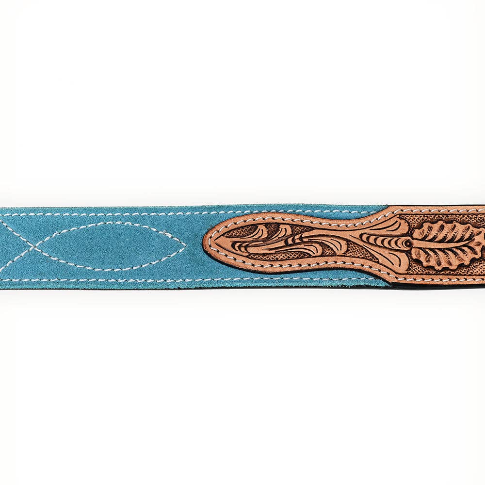 American Darling Turquoise Genuine suede Western Belt - Hand-Tooled Leather Inlay with Engraved Buckle